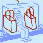 cartoon of man sitting on giant electrical power strip with a bag on either side blocking adjacent outlets