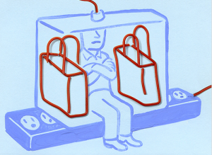cartoon of man sitting on giant electrical power strip with a bag on either side blocking adjacent outlets