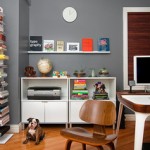 home office with grey wall and white IKEA furniture and Eames chair