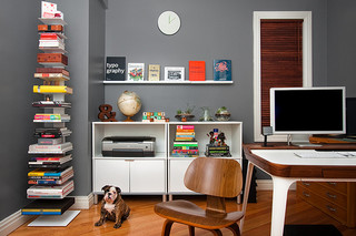 home office improvements with grey wall and white IKEA furniture and Eames chair