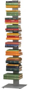 Metal book display with books held horizontally