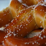 close-up photo of large salted pretzel