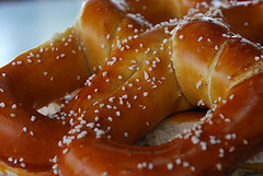 close-up photo of large salted pretzel