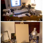 two photos of two messy desks