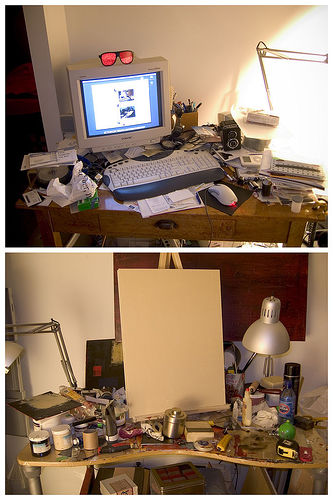 two photos of two messy desks 