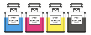 Printer ink package in parody Chanel 5 bottles