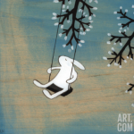 illustration of a white rabbit on a tree swing