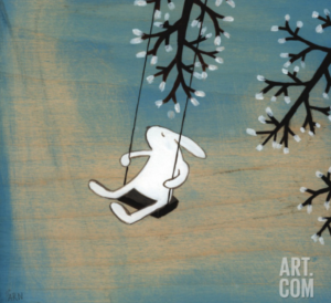 illustration of a white rabbit on a tree swing