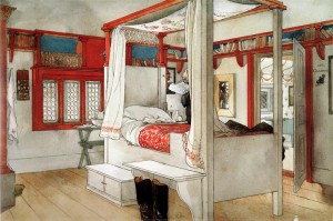 Carl Larsson bedroom with book shelves above the window and doorway