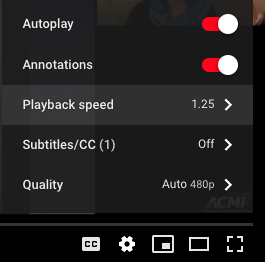 YouTube Setting Gear Icon and Playback Speed setting.